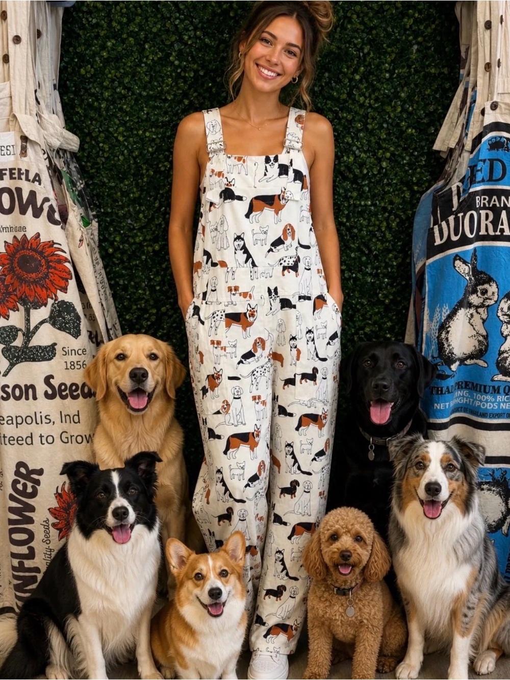 Dog Print Cream Overalls by